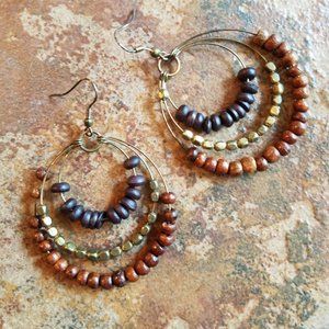 Brown triple hoop beaded earrings